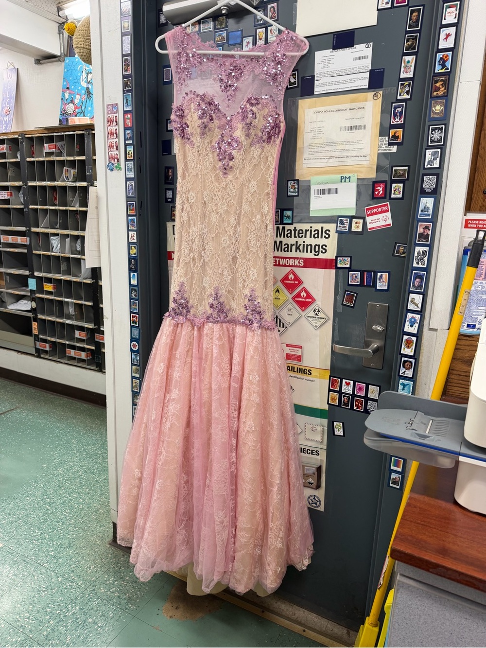 Tiffany Designs Pink Lace Mermaid Gown with Purple Appliqué